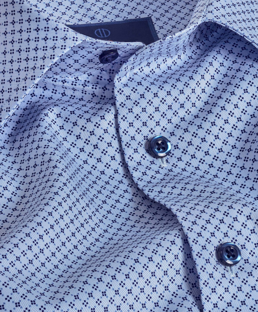 TBSP08201423 | Blue Herringbone Neat Print Dress Shirt - David Donahue