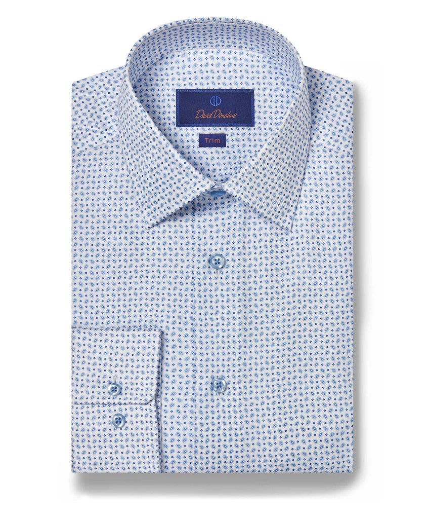 TBSP08401135 | White & Blue Pine Print Dress Shirt - David Donahue