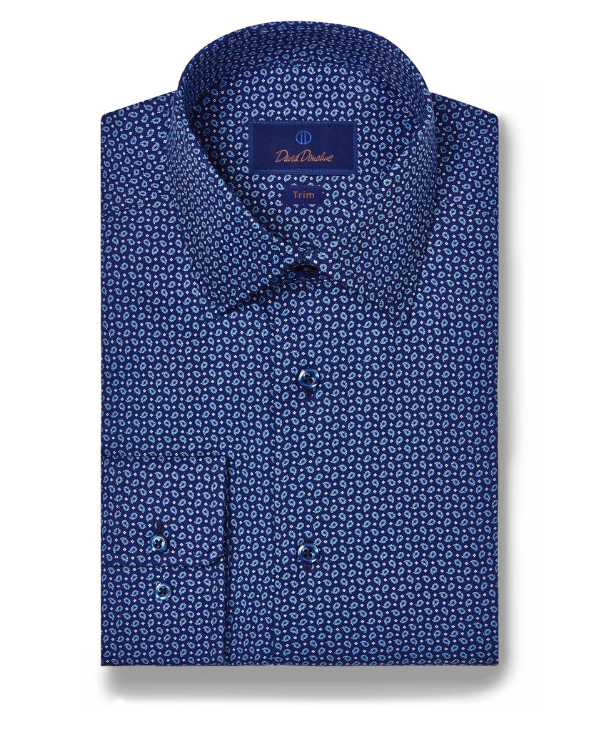 TBSP08401412 | Navy Pine Print Dress Shirt - David Donahue