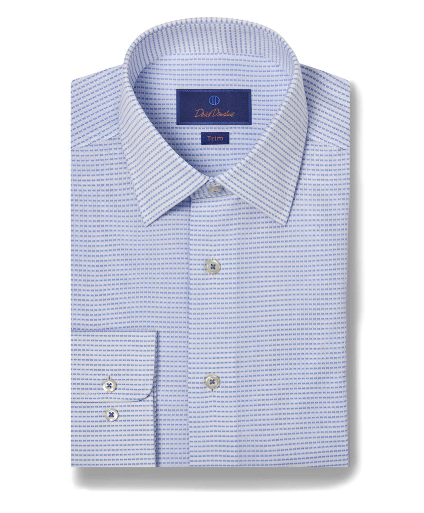 TBSP09008135 | White & Blue Horizontal Dobby Dress Shirt - David Donahue